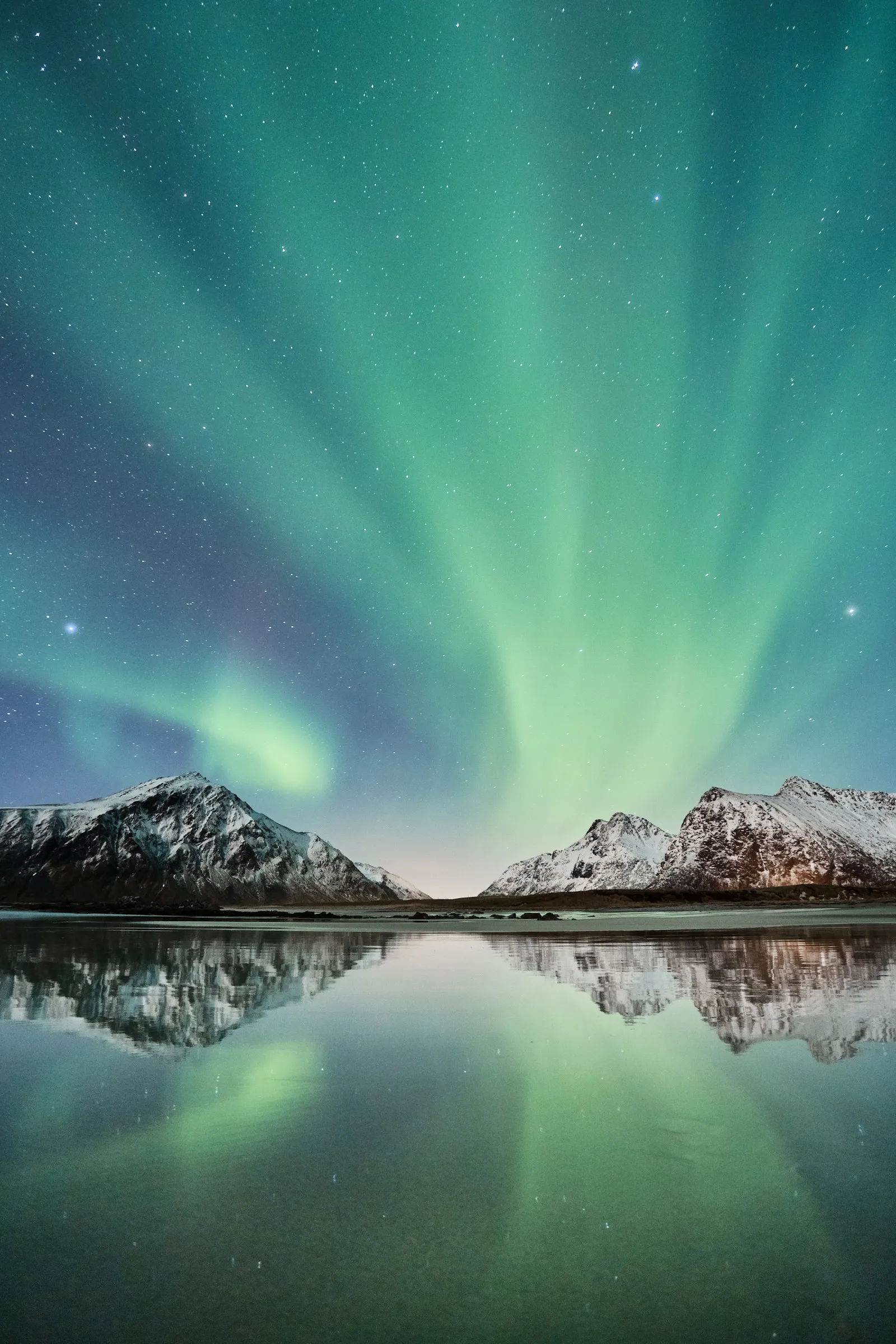 Northern lights stretching above mountains and a dark shore