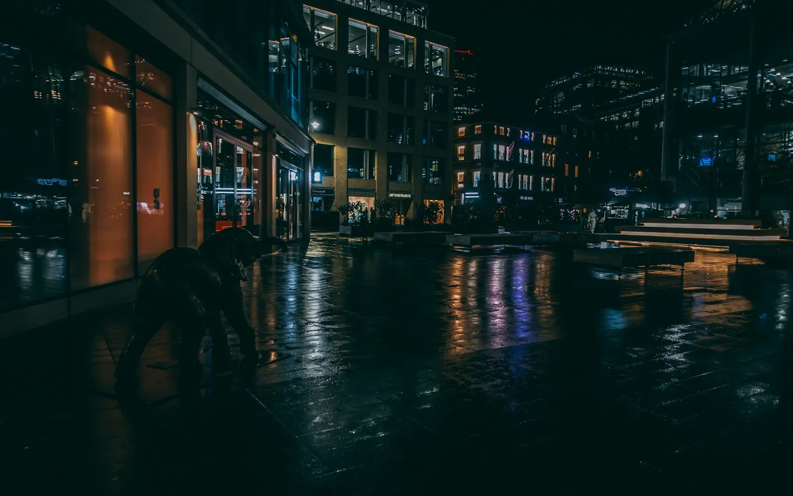 A rainy city street reflecting lights after dark